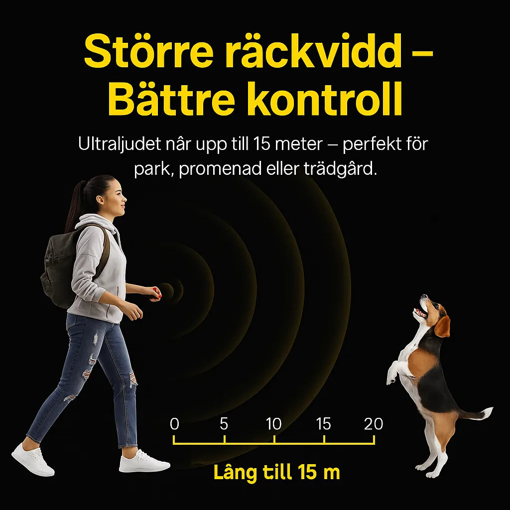 Antiskällenheten fungerar på upp till 15 meters avstånd – perfekt för promenader och utevistelse.