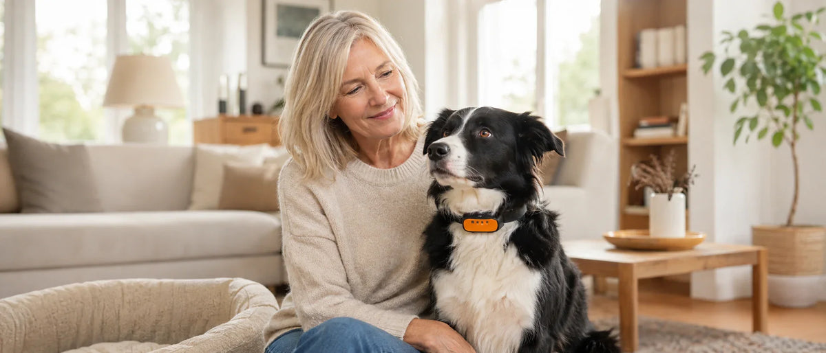 Lugn hund med äldre ägare inför guide om citronellahalsband - Djurslottet