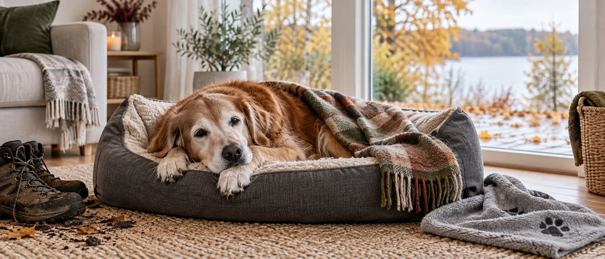 Äldre hund som vilar varmt efter höstpromenad - Djurslottet