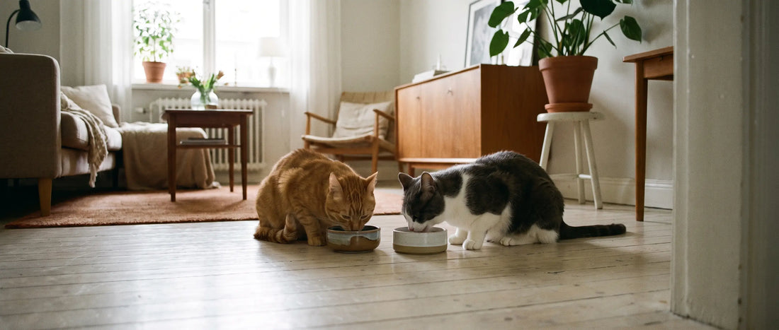 Automatisk kattmatare matar två katter från varsin skål - Djurslottet