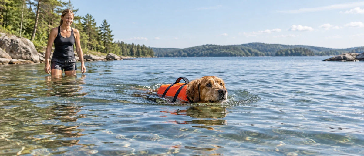 Hund som simmar tryggt med flytväst - Djurslottet