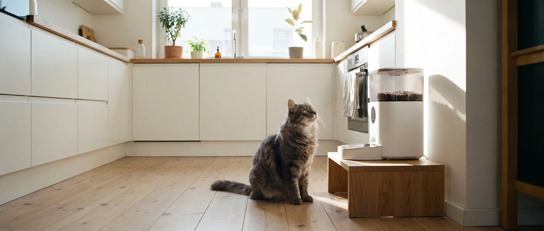 Katt tittar upp mot en foderautomat för katt i ett ljust kök - Djurslottet