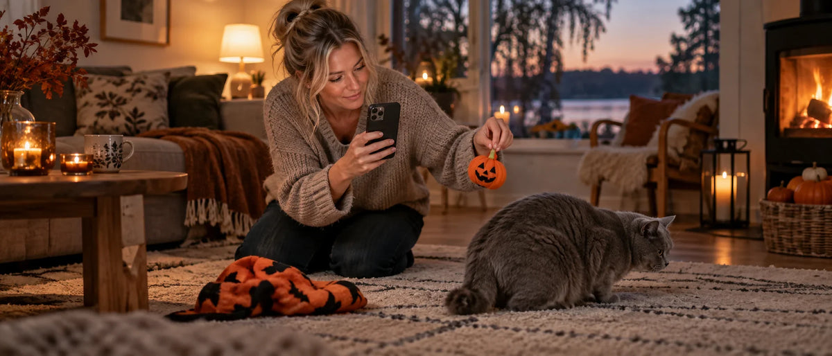 Katt vänder sig från halloweenbilden i ett svenskt vardagsrum - Djurslottet