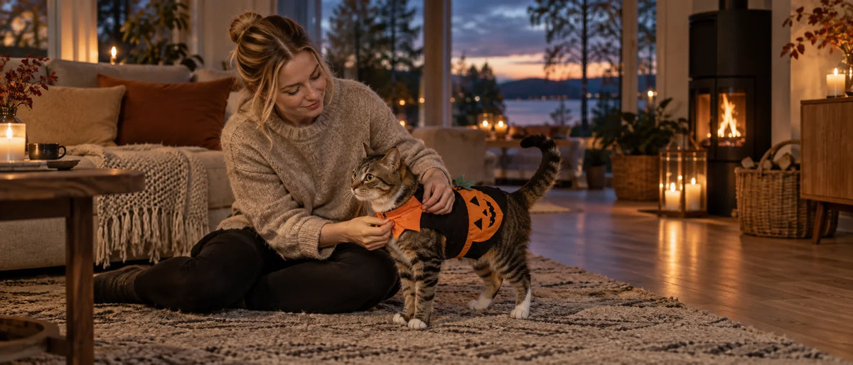 Katt provas i en halloweendräkt med fria ben - Djurslottet