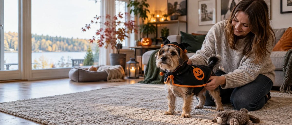 Hund provar Halloweenkostym i vardagsrum under uppsikt - Djurslottet