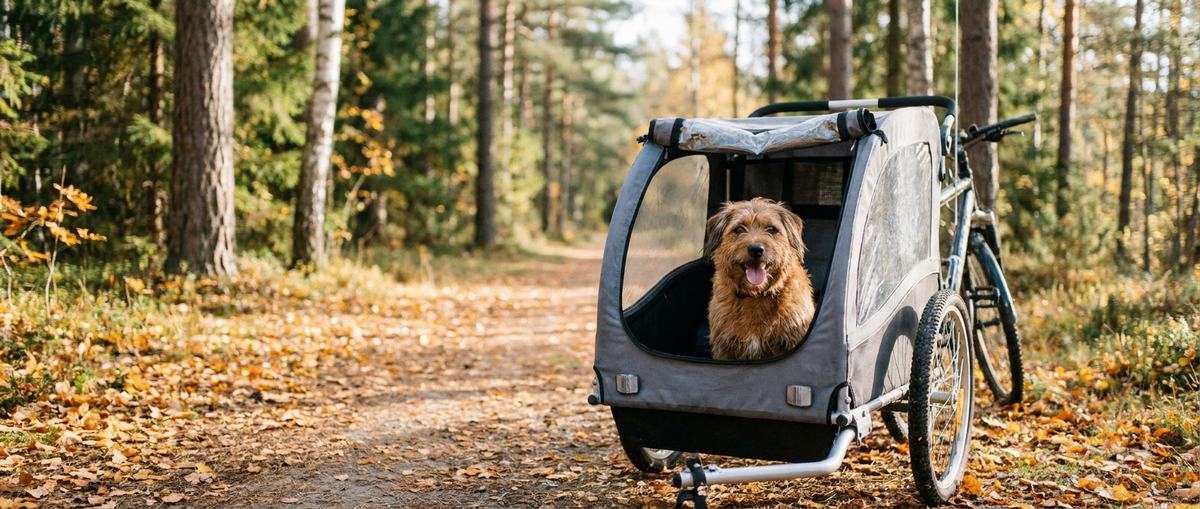 Glad brun hund sitter bekvämt i en grå cykelvagn på skogsstig under svensk höst - Djurslottet