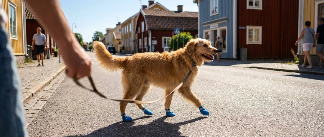 Hund med sommarskor på het asfalt på promenad - Djurslottet