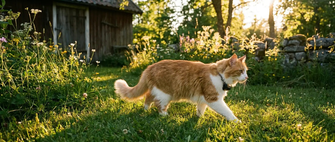 Katt utomhus i sommarträdgård med GPS-tracker på halsbandet - Djurslottet