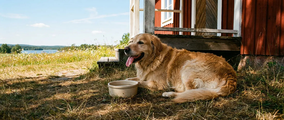 Hund flåsar i skuggan bredvid en vattenskål en varm sommardag - Djurslottet