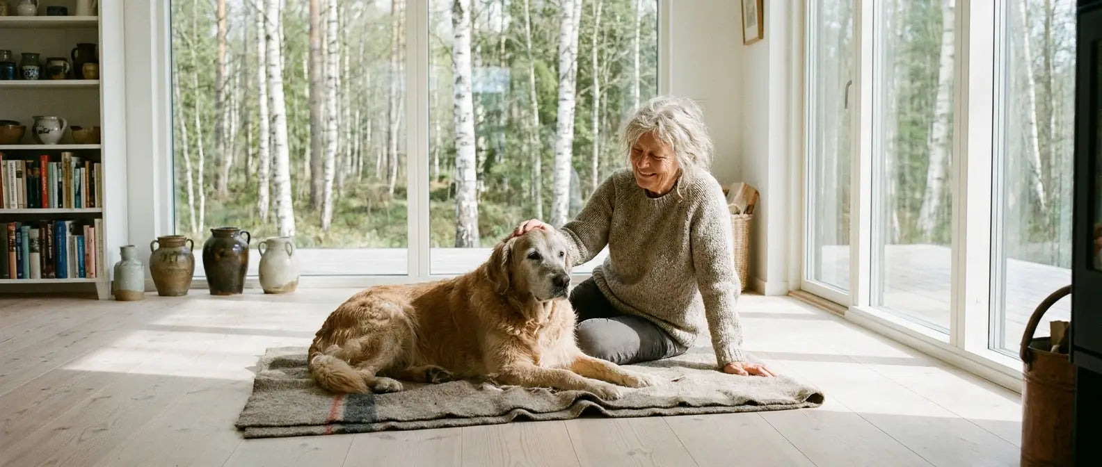 Äldre hund sitter nära sin ägare i ett ljust skandinaviskt hem - Djurslottet