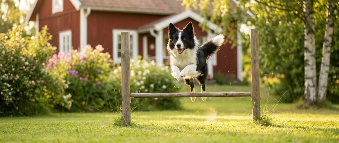 Hund hoppar över agilityhinder i solig svensk trädgård på sommaren - Djurslottet