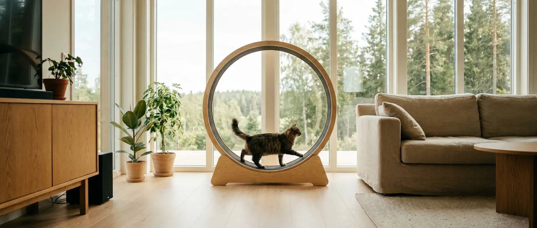 Katt springer på katthjul i trä i skandinaviskt vardagsrum - Djurslottet