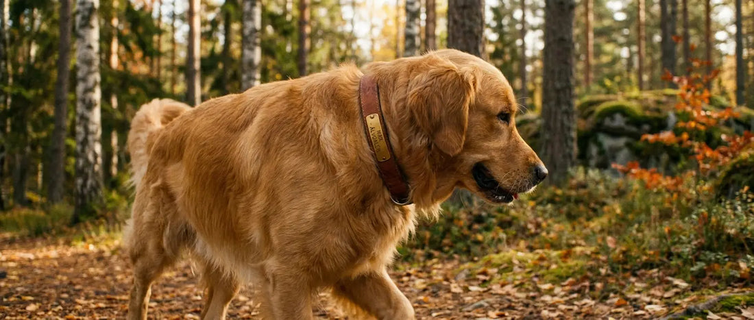 Hund med elegant läderhalsband och graverad ID-bricka i svensk skog - Djurslottet