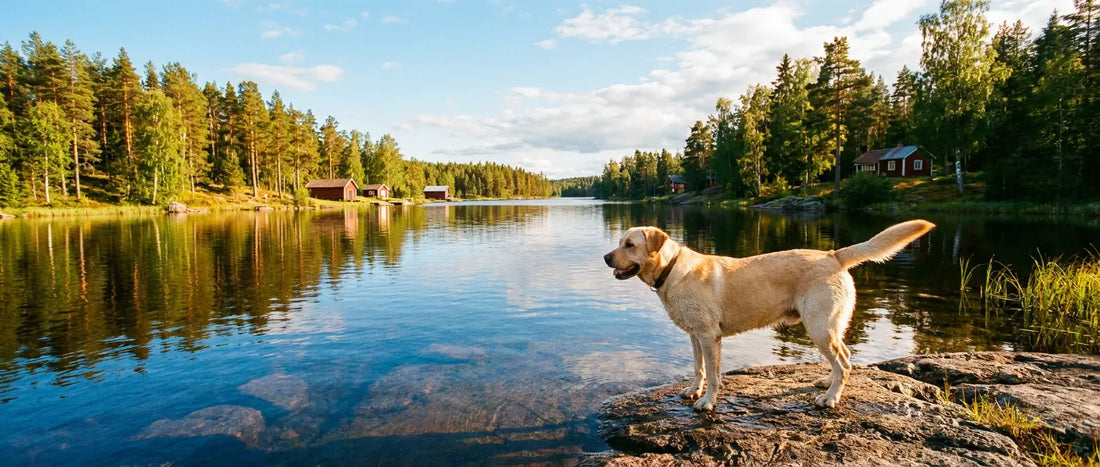 Hund som står vid strandkanten på en svensk badplats i sommar - Djurslottet