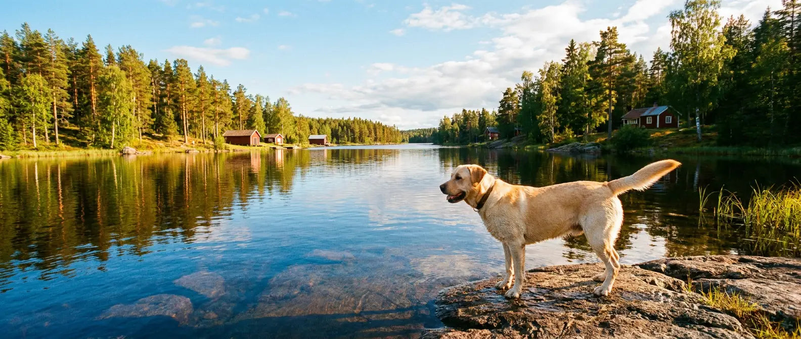 Hund som står vid strandkanten på en svensk badplats i sommar - Djurslottet