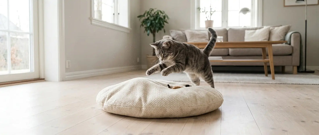 Nyfiken katt jagar rörlig boll under jaktmatta i vardagsrum - Djurslottet