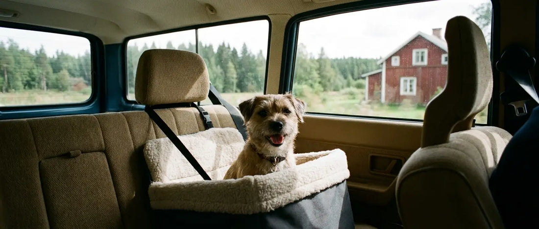 Liten hund sitter tryggt i vaddered bilstol i baksätet - Djurslottet