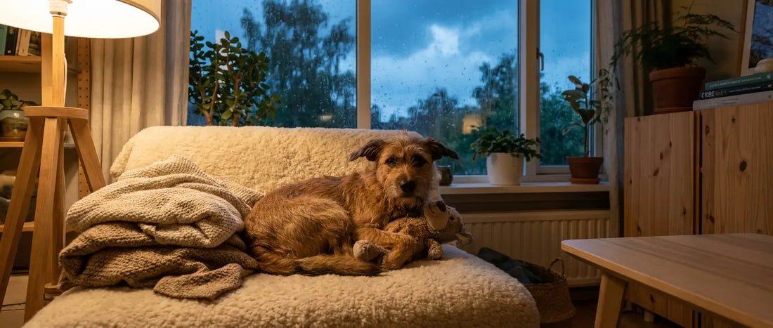Orolig hund kramar mjukt gosedjur i soffan under åskväder - Djurslottet