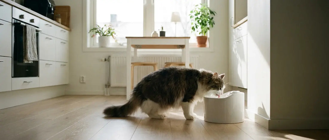 Nöjd katt dricker från vattenfontän i ljust kök - Djurslottet
