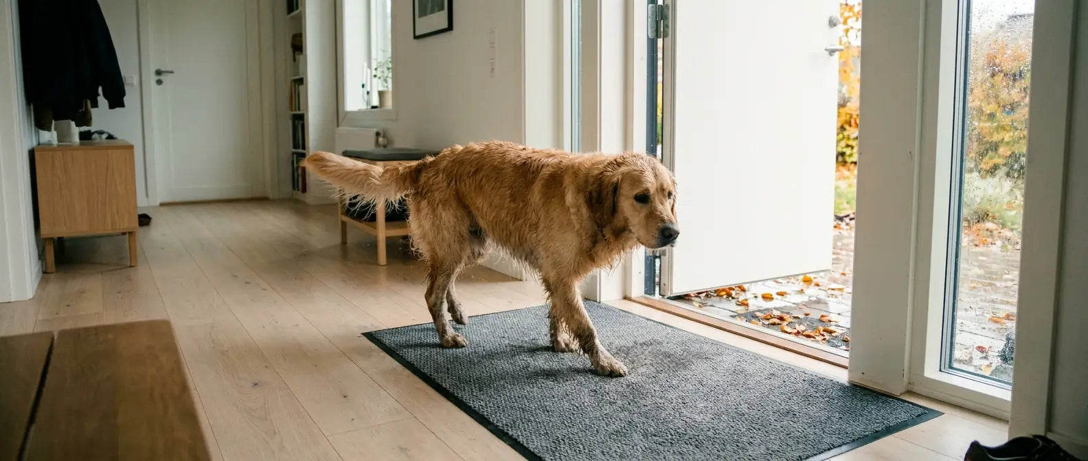 Blöt golden retriever kliver in på en grå absorberande tassmatta i en ljus hall - Djurslottet