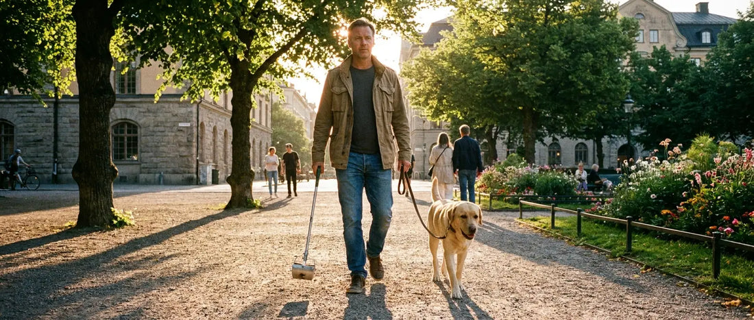 Man går med labrador i en svensk park och håller en bajsplockare med långt skaft - Djurslottet