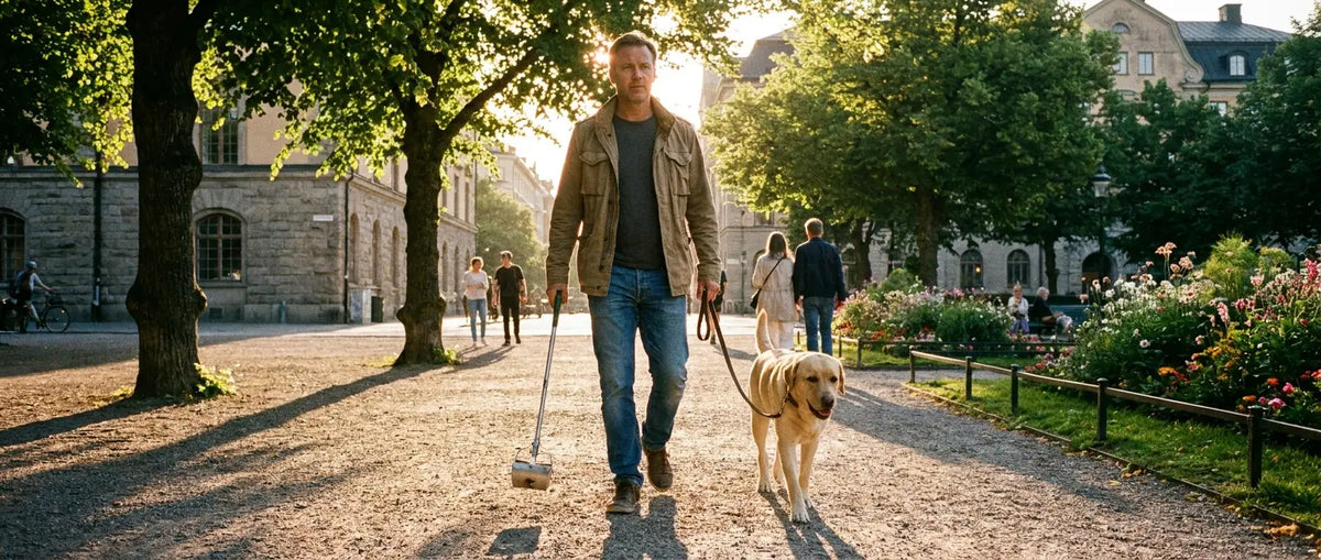 Man går med labrador i en svensk park och håller en bajsplockare med långt skaft - Djurslottet