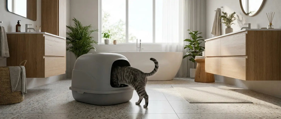 Stor kattlåda med tak i ett ljust badrum där en grå katt kliver in - Djurslottet