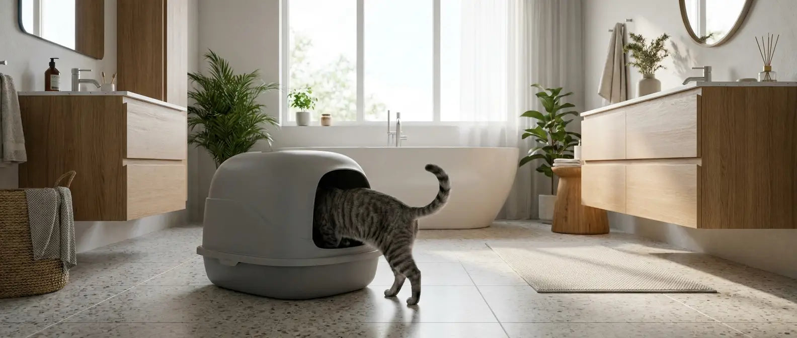 Stor kattlåda med tak i ett ljust badrum där en grå katt kliver in - Djurslottet