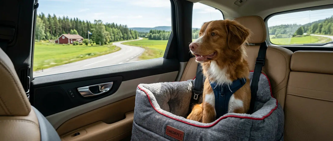 Hund sitter i en vadderad bilstol i baksätet med säkerhetsrem fastsatt - Djurslottet