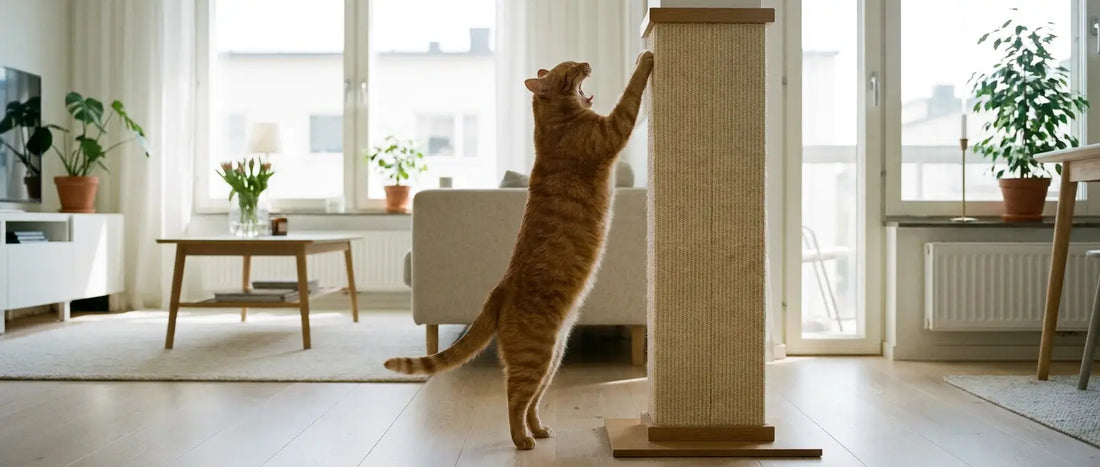 Katt sträcker sig helt upp mot en hög väggmonterad klösbräda i ett ljust vardagsrum - Djurslottet