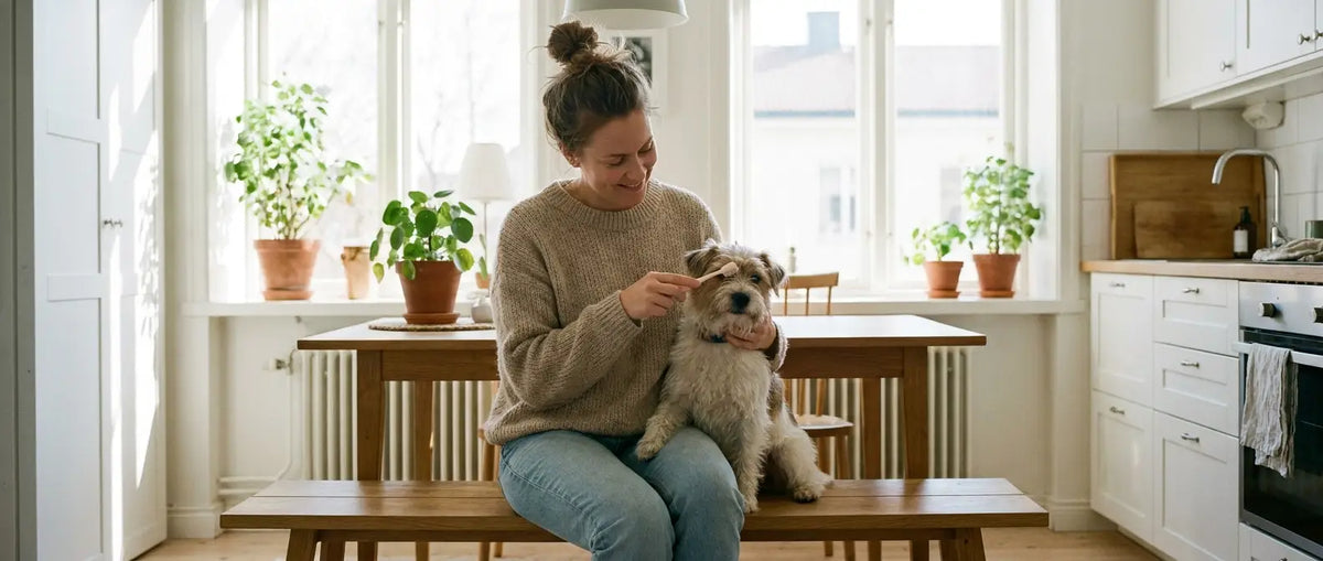 Kvinna borstar försiktigt tänderna på en liten hund i ett ljust kök - Djurslottet