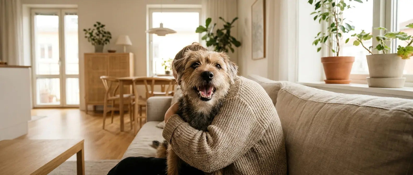 Gladt liten hund med frisk mun myser med sin ägare i soffan - Djurslottet