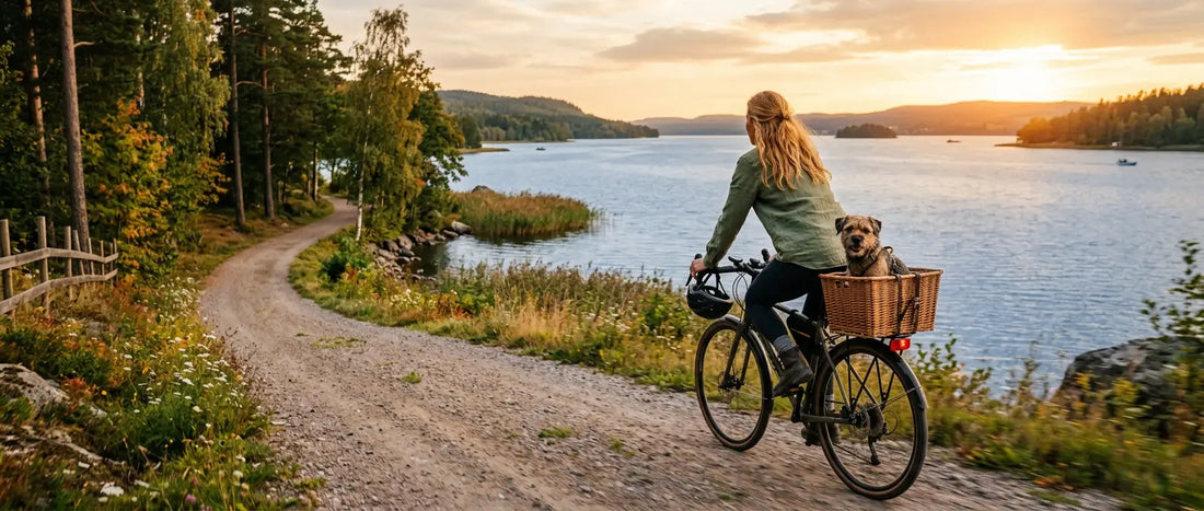 Liten hund sitter i en cykelkorg på pakethållaren under en cykeltur vid en sjö - Djurslottet