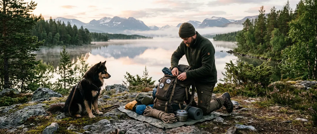Vandrare med stor ryggsäck packar utrustning vid en sjö tillsammans med sin hund - Djurslottet