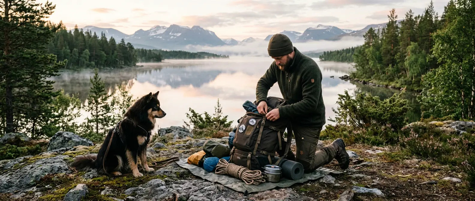 Vandrare med stor ryggsäck packar utrustning vid en sjö tillsammans med sin hund - Djurslottet