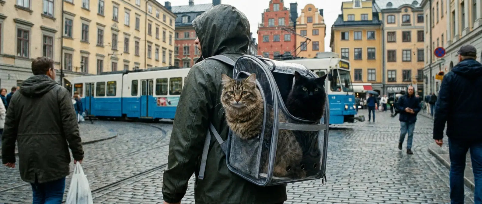 Person bär två katter i en dubbel bärryggsäck på en gata i staden - Djurslottet
