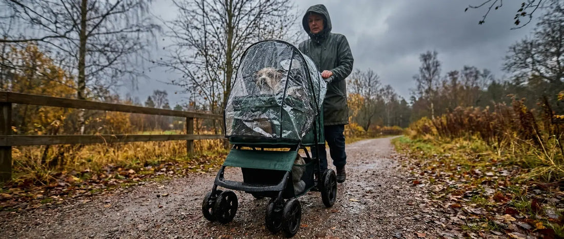 Djurvagn med genomskinligt regnskydd på en blöt höstpromenad i parken - Djurslottet