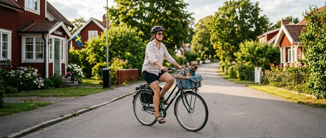 Person cyklar på en lugn gata med en liten hund i cykelkorgen fram - Djurslottet