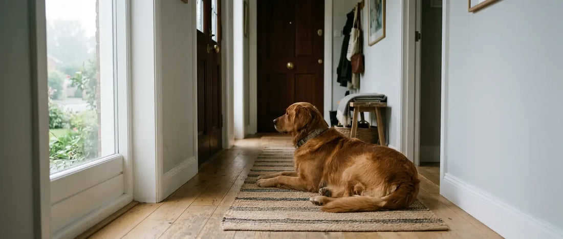 Hund ligger i hallen och väntar framför den stängda ytterdörren - Djurslottet