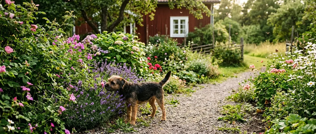 Nyfiken hund nosar vid blommande buskar i en svensk sommarträdgård - Djurslottet