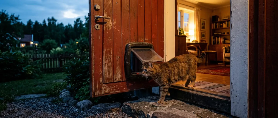 Katt går genom en kattlucka i en trädörr i skymningen - Djurslottet