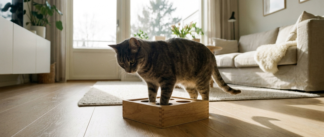Gråspräcklig katt leker med kattpussel i trä på ekgolv i ljust vardagsrum - Djurslottet