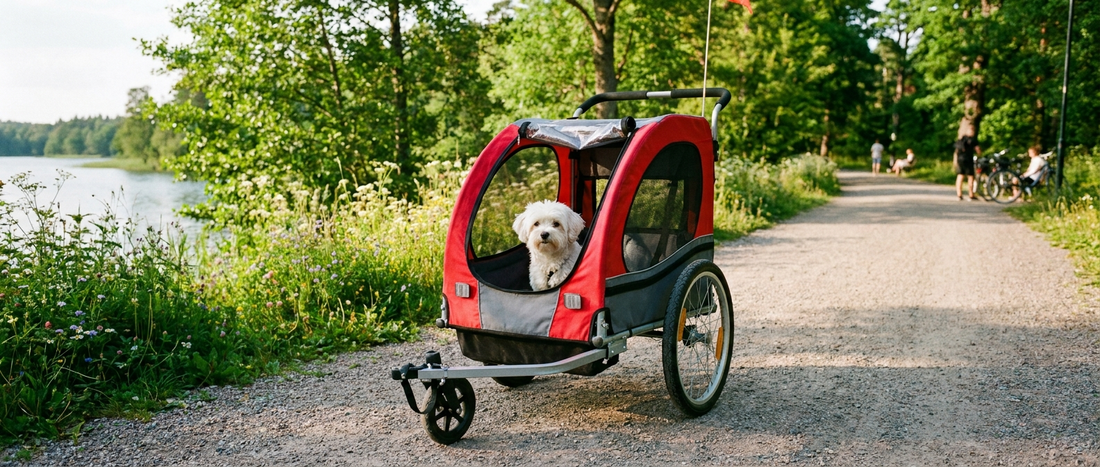 Liten hund sitter i cykelvagn med meshfönster på grusväg i park - Djurslottet