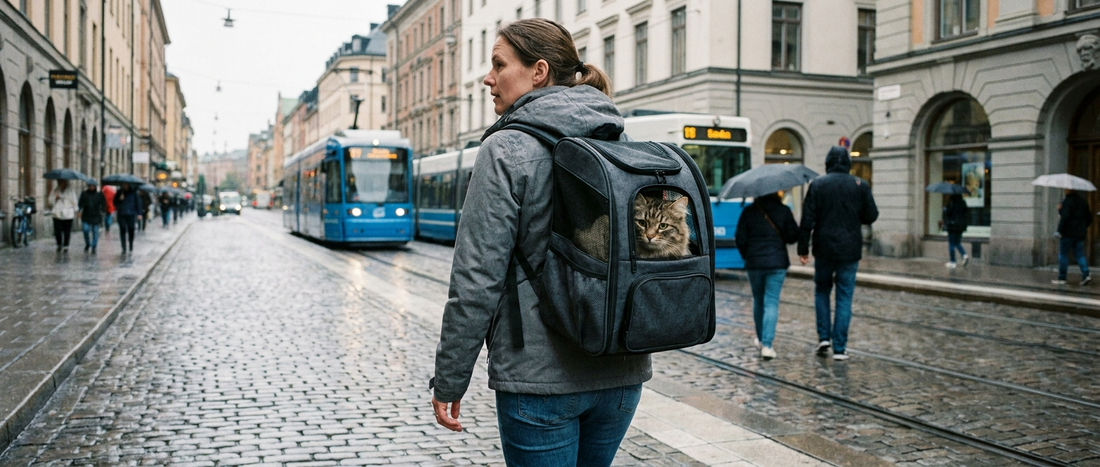 Kvinna bär grå ryggsäck för husdjur med katt synlig genom meshpanelen på stadsgata - Djurslottet