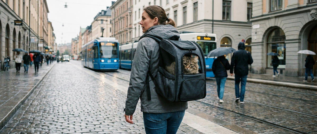 Kvinna bär grå ryggsäck för husdjur med katt synlig genom meshpanelen på stadsgata - Djurslottet
