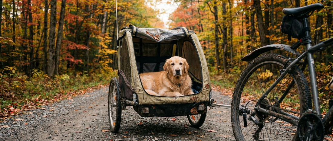 Stor golden retriever ligger lugnt i täckt cykelvagn på skogsväg - Djurslottet