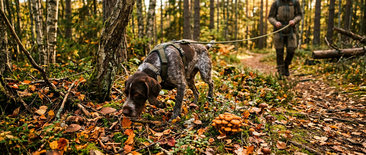 Hund i koppel nosar bland nedfallna löv och svamp i svensk höstskog - Djurslottet