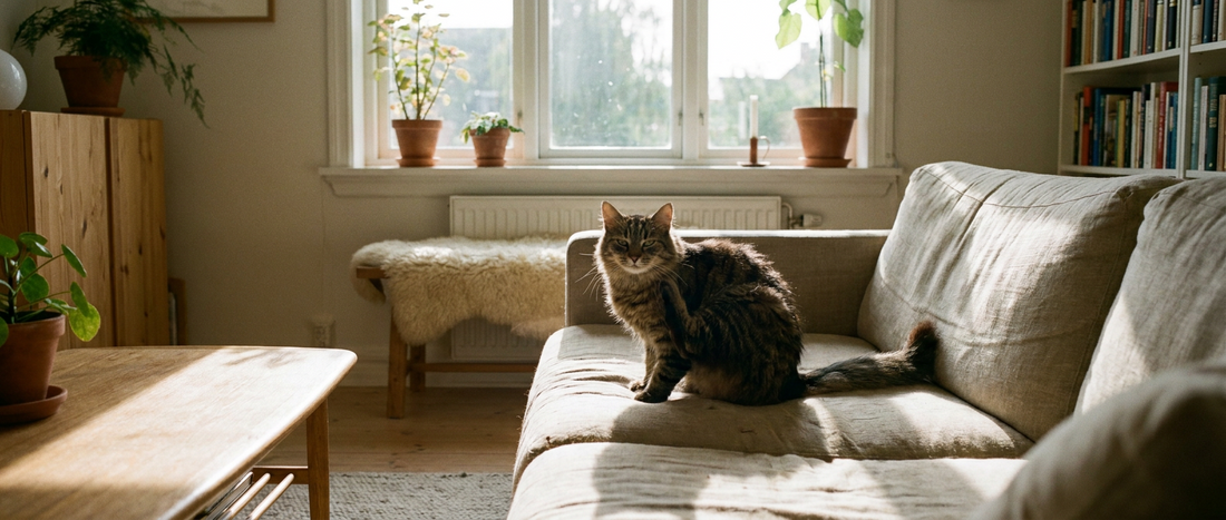 Katt kliar sig bakom örat i en soffa i ett ljust vardagsrum - Djurslottet