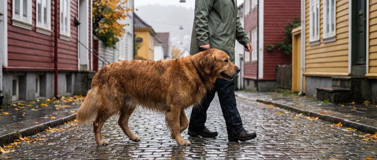Hund med tät päls på regnig promenad i svensk villagata - Djurslottet