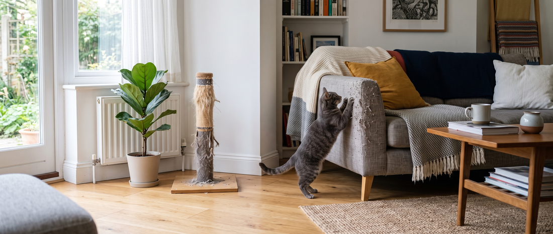 Kort klösträd står oanvänt medan katten klöser soffan - Djurslottet